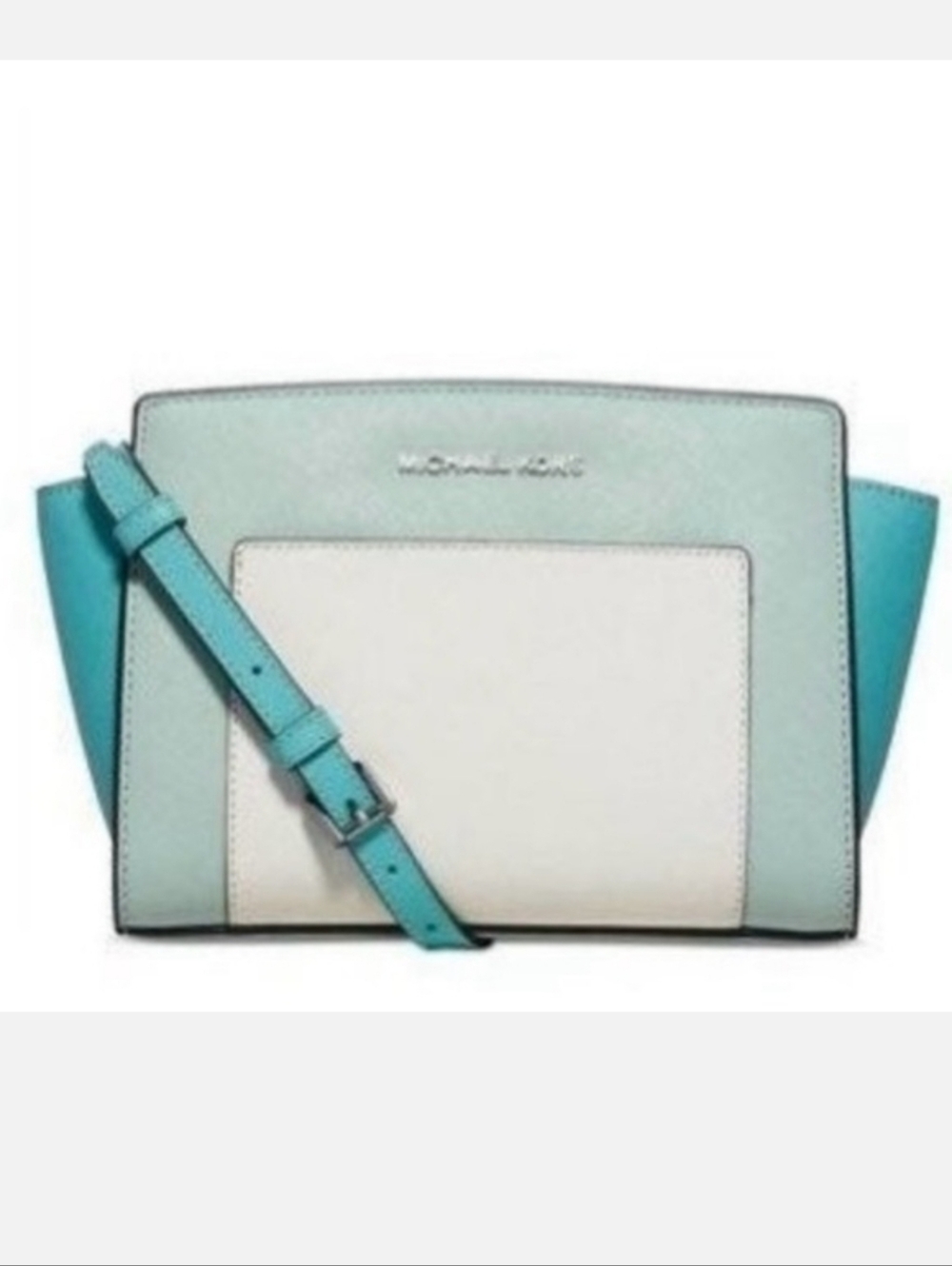 MICHAEL KORS Selma Crossbody Bag Light blue White Leather Purse silver medium